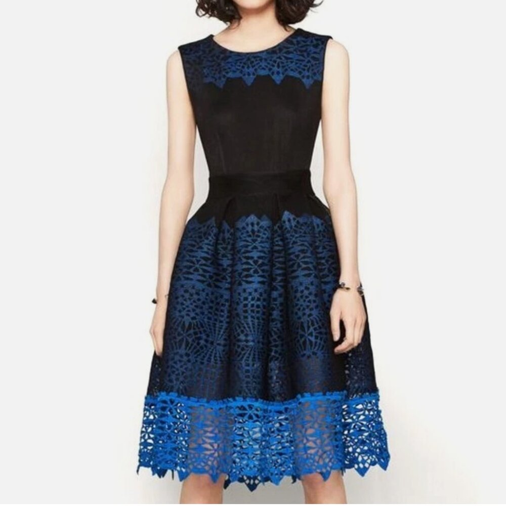 Maje Poppy Lace Mesh Sleeveless Illusion Fit & Flare Cocktail Dress Black/Blue